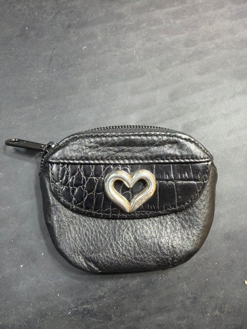 Brighton Black Pebbled Leather Croc Silver Heart Zip Coin Purse Wallet Womens - Picture 1 of 5